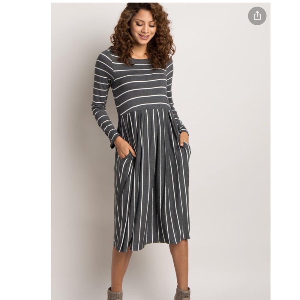 Charcoal Grey Striped Long Sleeve Plus Midi Dress
